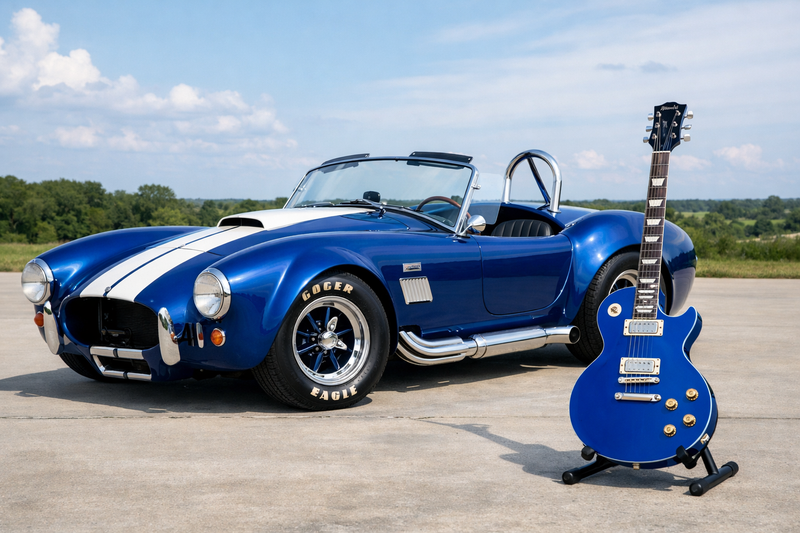 Blue Shelby car and matching blue electric guitar on a stand outdoors. Classic Guitars 4 Classic Cars