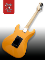 Orange electric guitar with a checkered headstock on a gradient background, featuring 'Classic Guitars 4 Classic Cats' branding.
