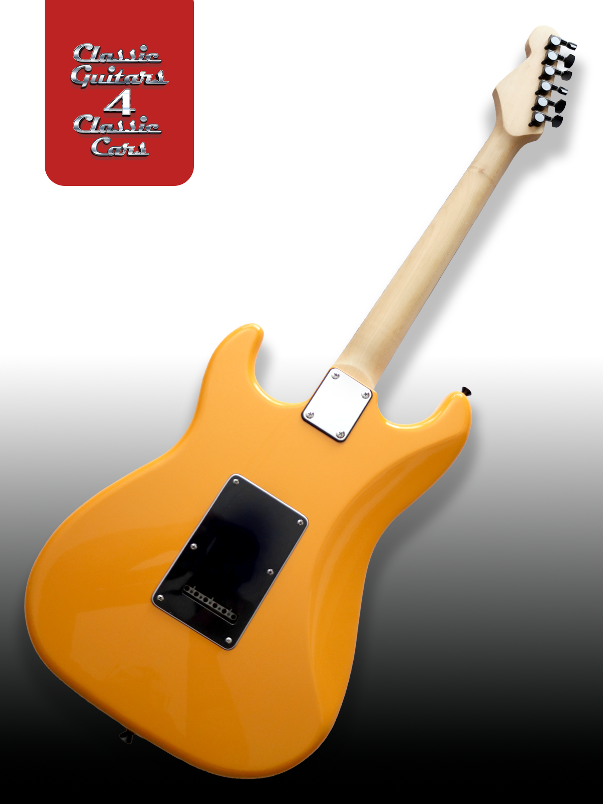 Orange electric guitar with a checkered headstock on a gradient background, featuring 'Classic Guitars 4 Classic Cats' branding.