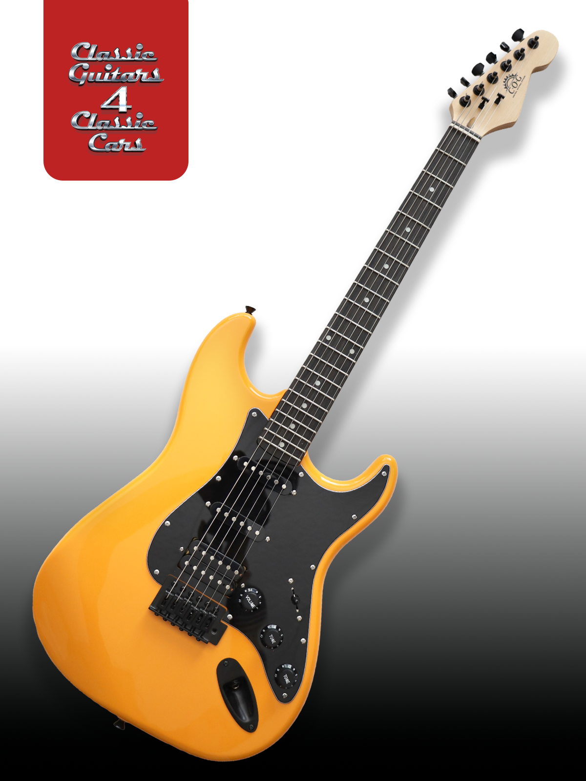 Orange electric guitar with black details on a gray background, featuring 'Classic Guitars 4 Classic Cats' text.