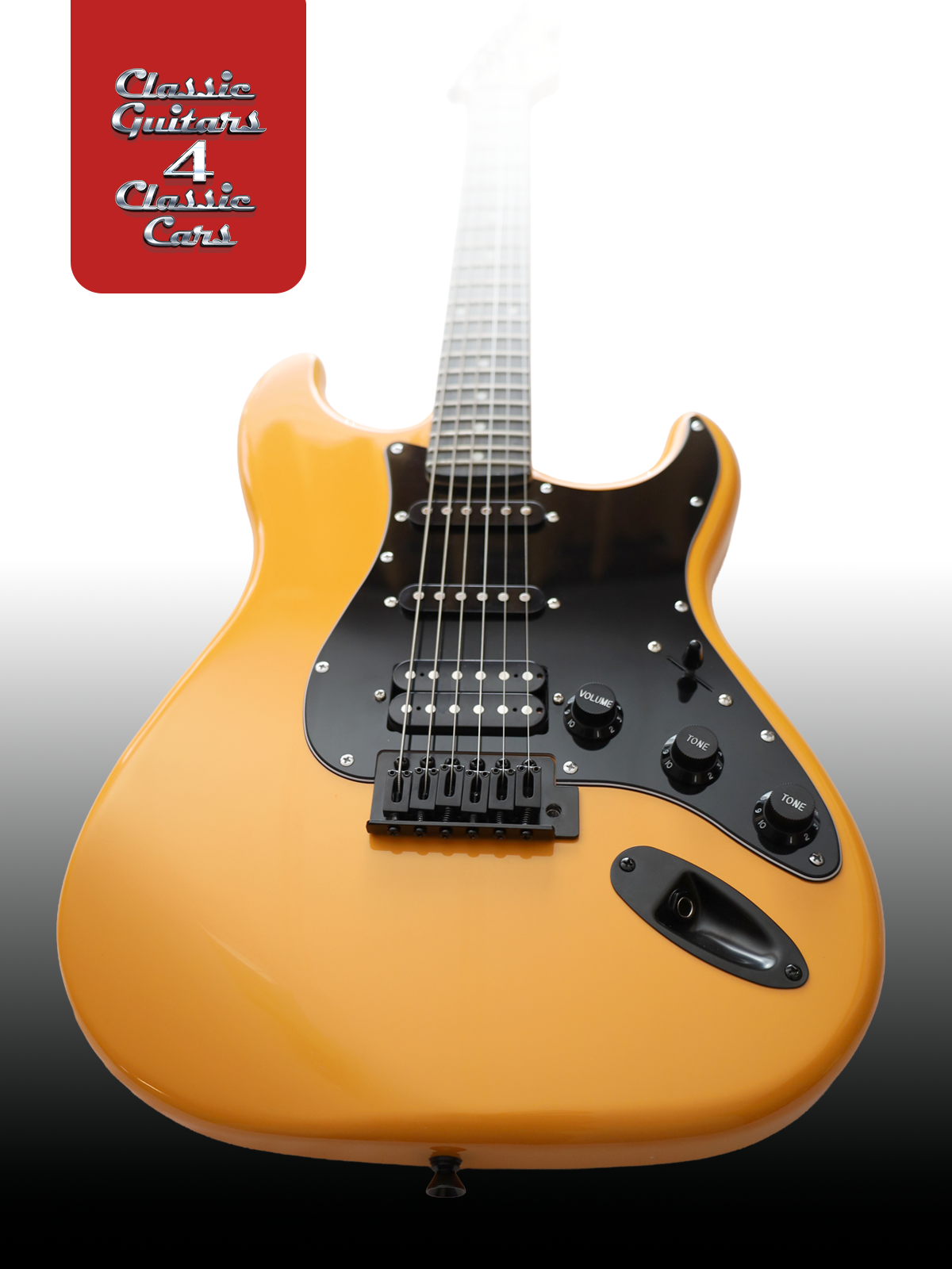 Electric guitar with a sunburst finish on a gradient background, featuring 'Classic Guitars 4 Classic Cars' logo.