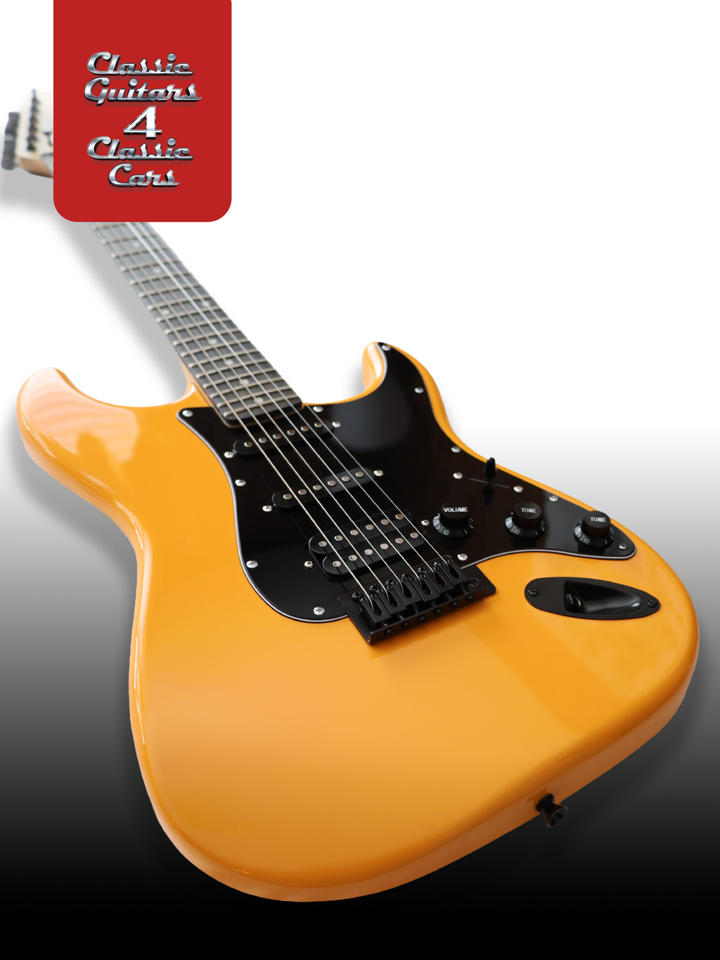 Electric guitar with a sunburst finish on a gradient background, featuring 'Classic Guitars 4 Classic Cars' text.