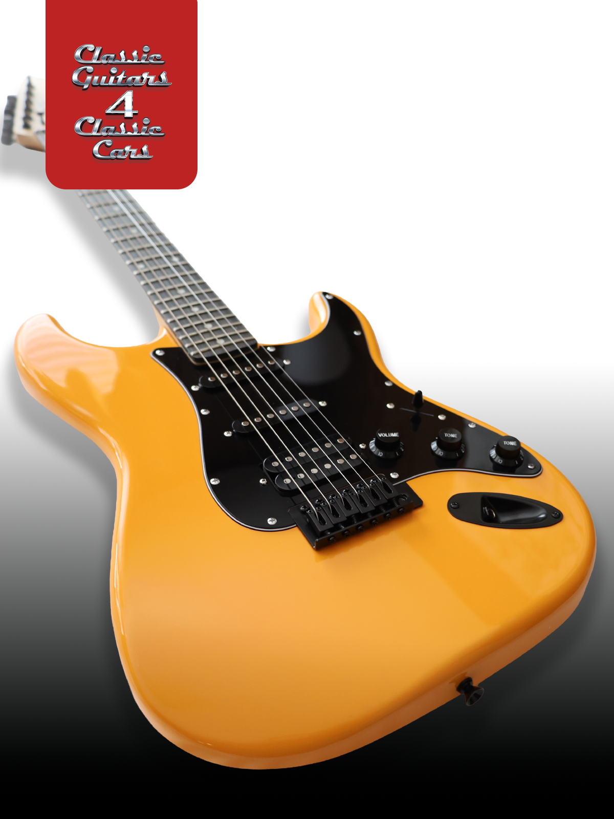 Electric guitar with a sunburst finish on a gradient background, featuring 'Classic Guitars 4 Classic Cars' text.