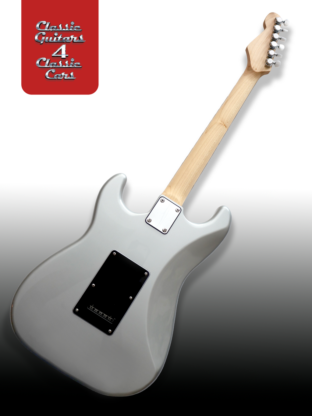 Electric guitar with a gray body and wooden neck on a gradient background, featuring a 'Classic Guitars 4 Classic Cars' logo in the corner.