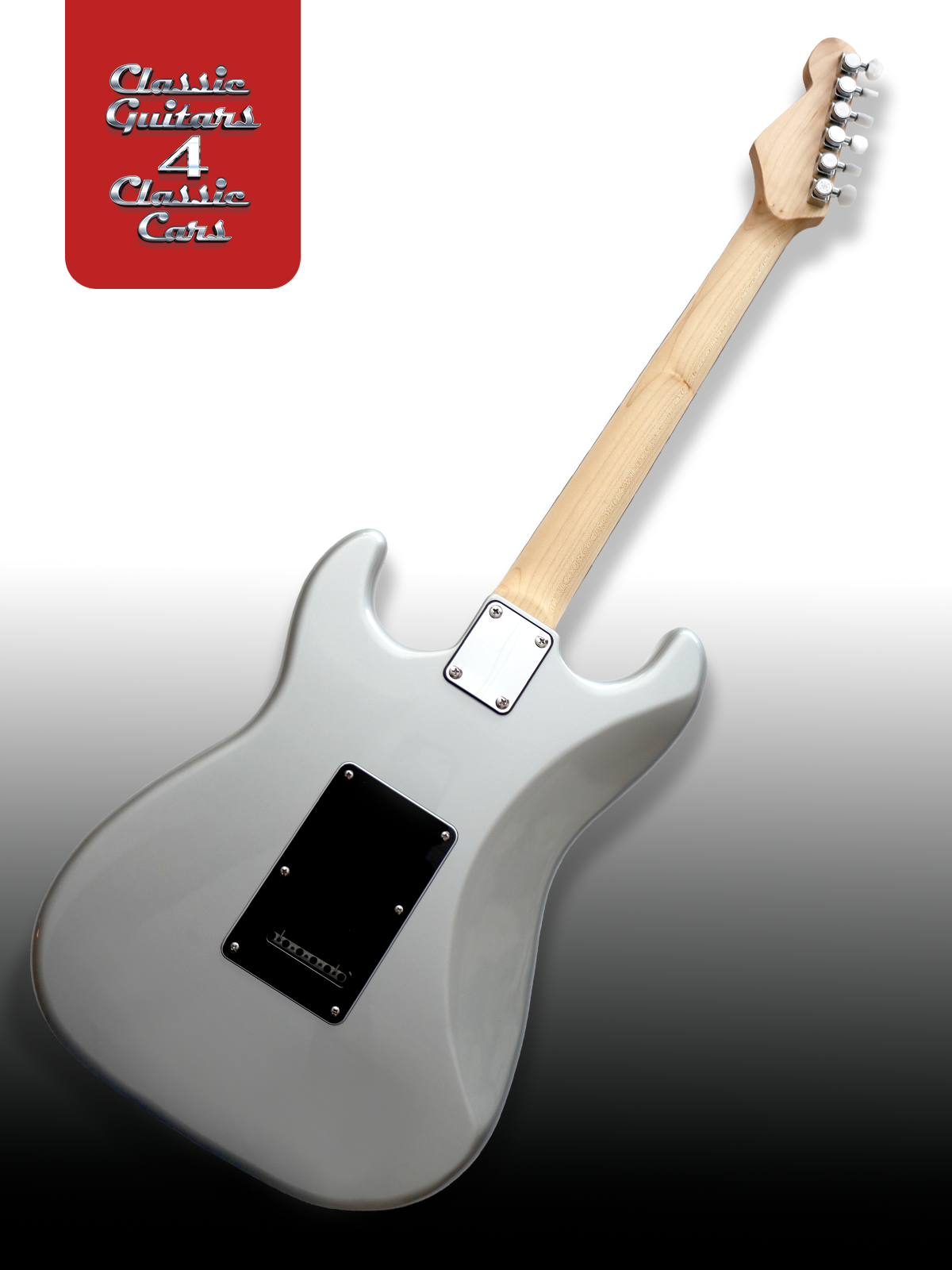Electric guitar with a gray body and wooden neck on a gradient background, featuring a 'Classic Guitars 4 Classic Cars' logo in the corner.