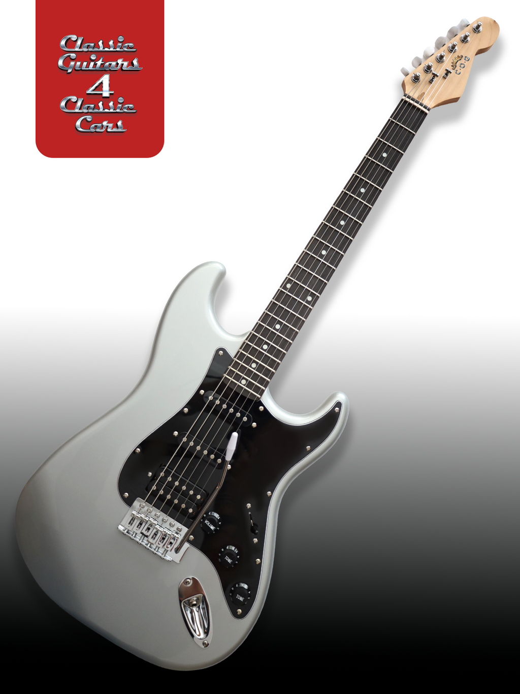 Electric guitar with a silver body and black pickguard on a gradient background, featuring a red 'Classic Guitars 4 Classic Cars' logo in the left corner.