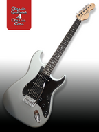 Electric guitar with a silver body and black pickguard on a gradient background, featuring a red 'Classic Guitars 4 Classic Cars' logo in the left corner.