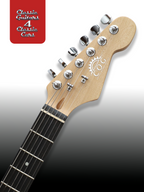 Close-up of a guitar headstock with 'COG' logo on a gradient background