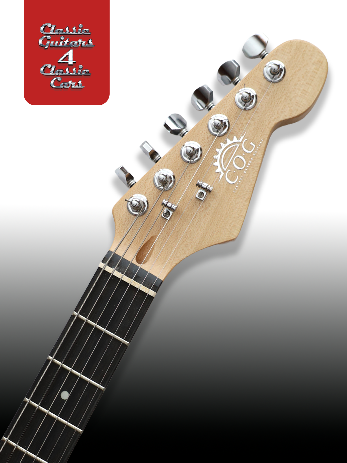 Close-up of a guitar headstock with 'COG' logo on a gradient background