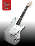 Silver electric guitar with a mirrored pickguard on a gradient background, featuring 'Classic Guitars 4 Classic Cats' text.