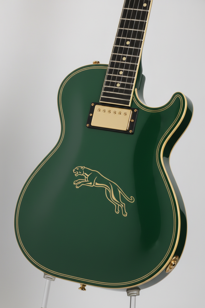 Jaguar Edition Guitar - British Racing Green with leaping cat emblem and gold pinstripes, flat airbrush style